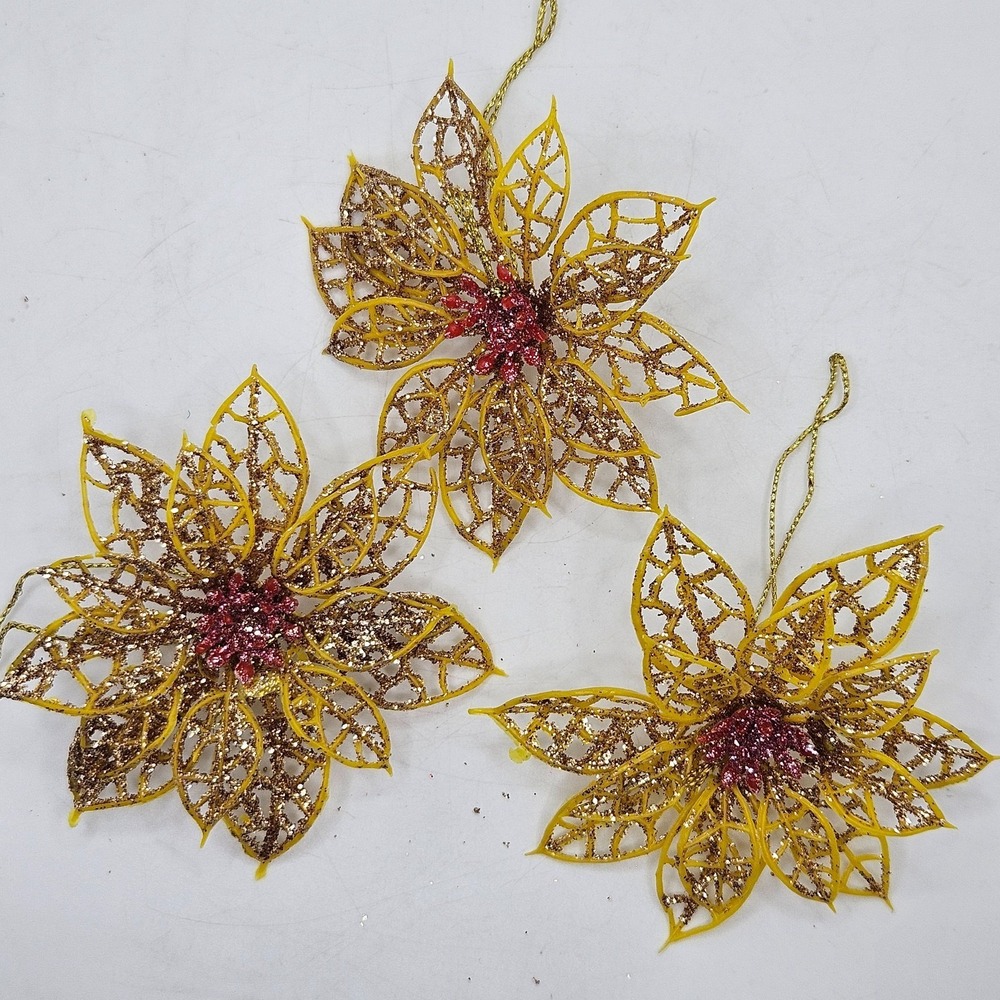 Vintage Set of 3 Glitter Poinsettia Christmas Ornaments Gold‎ Floral 3"
